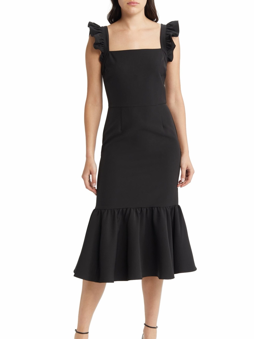 Chelsea28 Black Ruffle-Shoulder Midi Dress